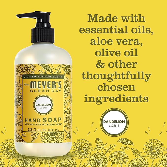 Mrs. MEYER'S CLEAN DAY Liquid Hand Soap, Dandelion Scent, 12.5 Ounce Bottle, (Pack of 2)