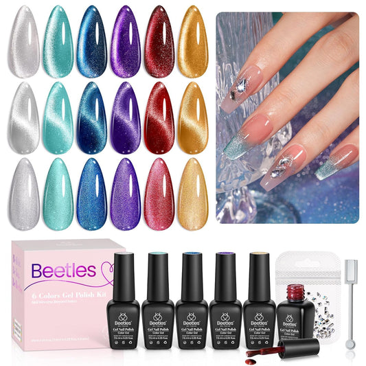 Beetles Cat Eye Gel Nail Polish Set - 6 Colors Glitter Burgundy Red Silver Blue Purple Green Gold Magnetic Cat Eye Gel Polish Holographic Effect Velvet Nail Art Salon DIY Home Gift for Women