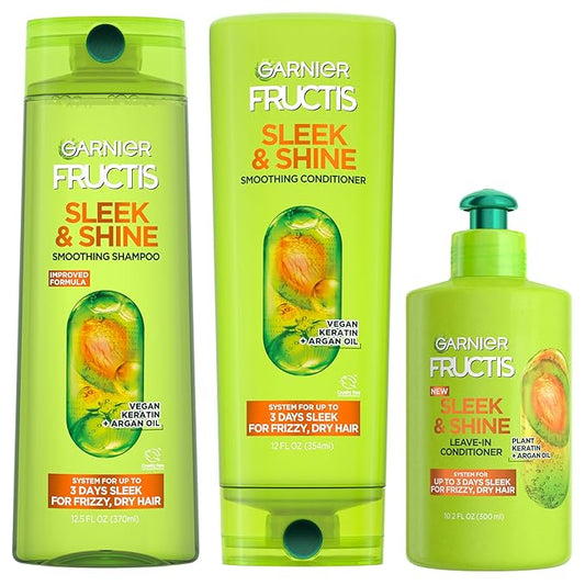 Garnier Fructis Sleek & Shine Shampoo, Conditioner + Leave-In Conditioer Set for Frizzy, Dry Hair, Plant Keratin + Argan Oil (3 Items), 1 Kit (Packaging May Vary)
