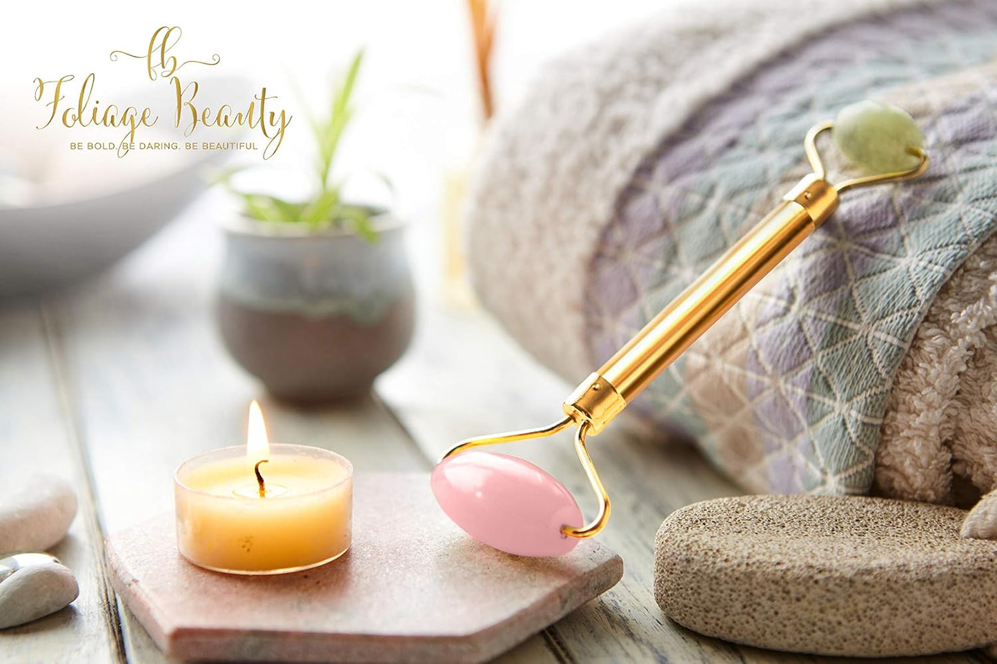 Jade Rose Quartz Roller Kit with 3 Changeable Heads | Face Facial Roller