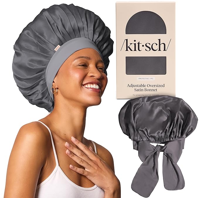 Kitsch XL Satin Bonnet for Sleeping - Softer Than Silk Bonnet For Sleeping Women - Secure Fit, Adjustable, Night Cap For Curly & Textured Hair - Prevents Breakage, Tangles & Thinning - Charcoal