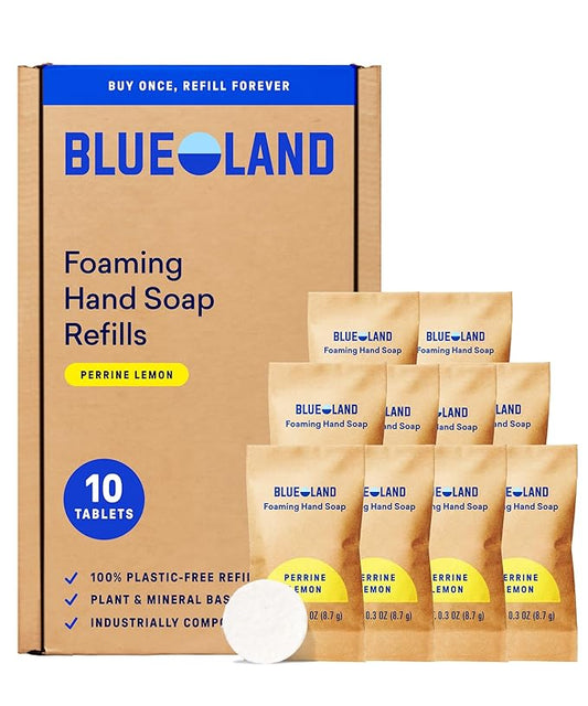 BLUELAND Foaming Hand Soap Refill Tablets, 10-Pack, Perrine Lemon Scent, Eco Friendly Cleaning Products, 10 x 9 Fl oz
