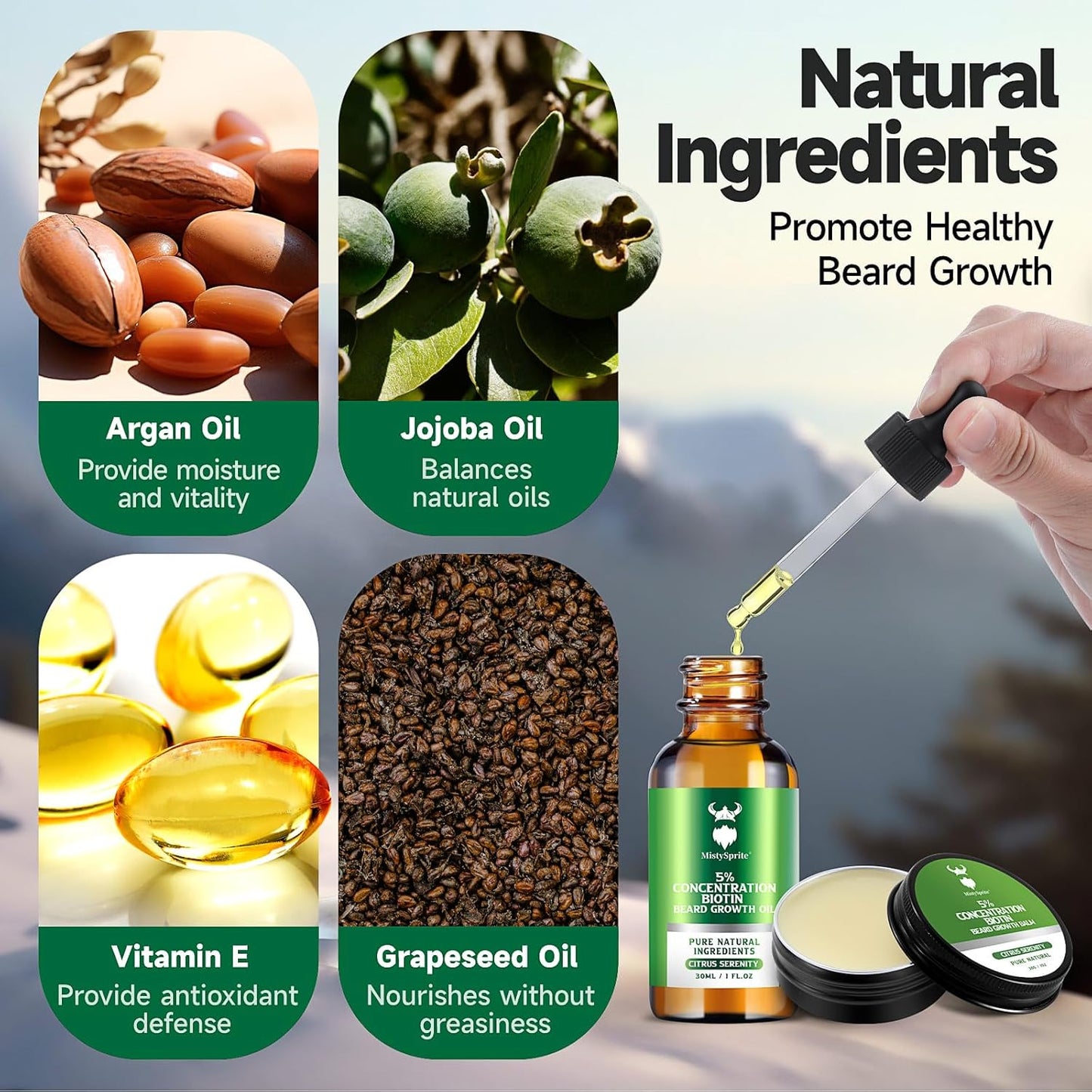 Beard Growth Oil & Beard Balm - Beard Growth Kit with 5% Concentration Biotin for Men, Natural Ingredients with Argan Oil, Jojoba Oil and Vitamin (Citrus Serenity)