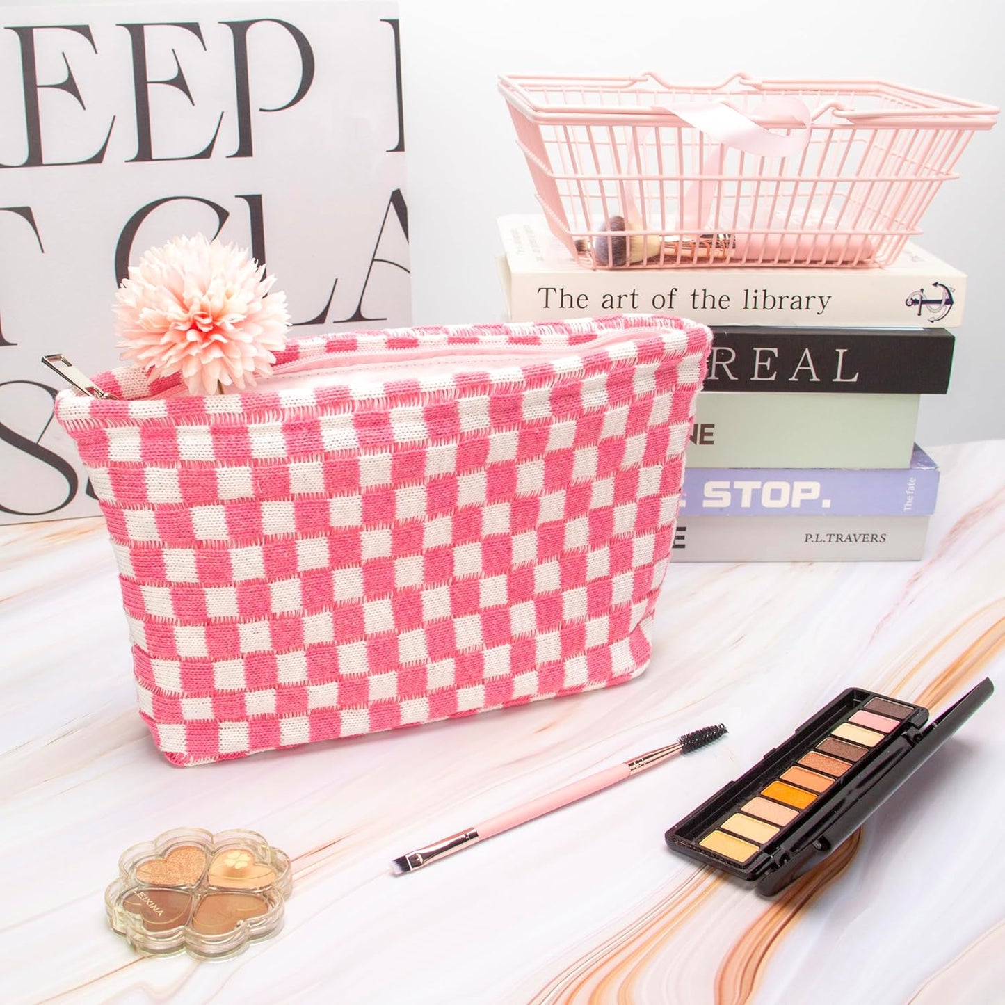 Knitted Checkered Makeup Bag Large Zipper Make Up Accessory Pouch for Purse Cosmetic Brush Bag for Travel Essential Pink White