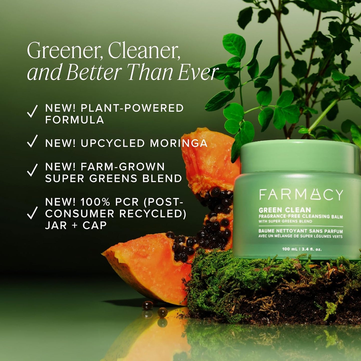 Farmacy Makeup Remover Cleansing Balm - Green Clean Waterproof Makeup Remover + Oil Based Cleanser - Newly Formulated Double Cleanser with Plant Based Waxes + Upcycled Moringa (100ml)