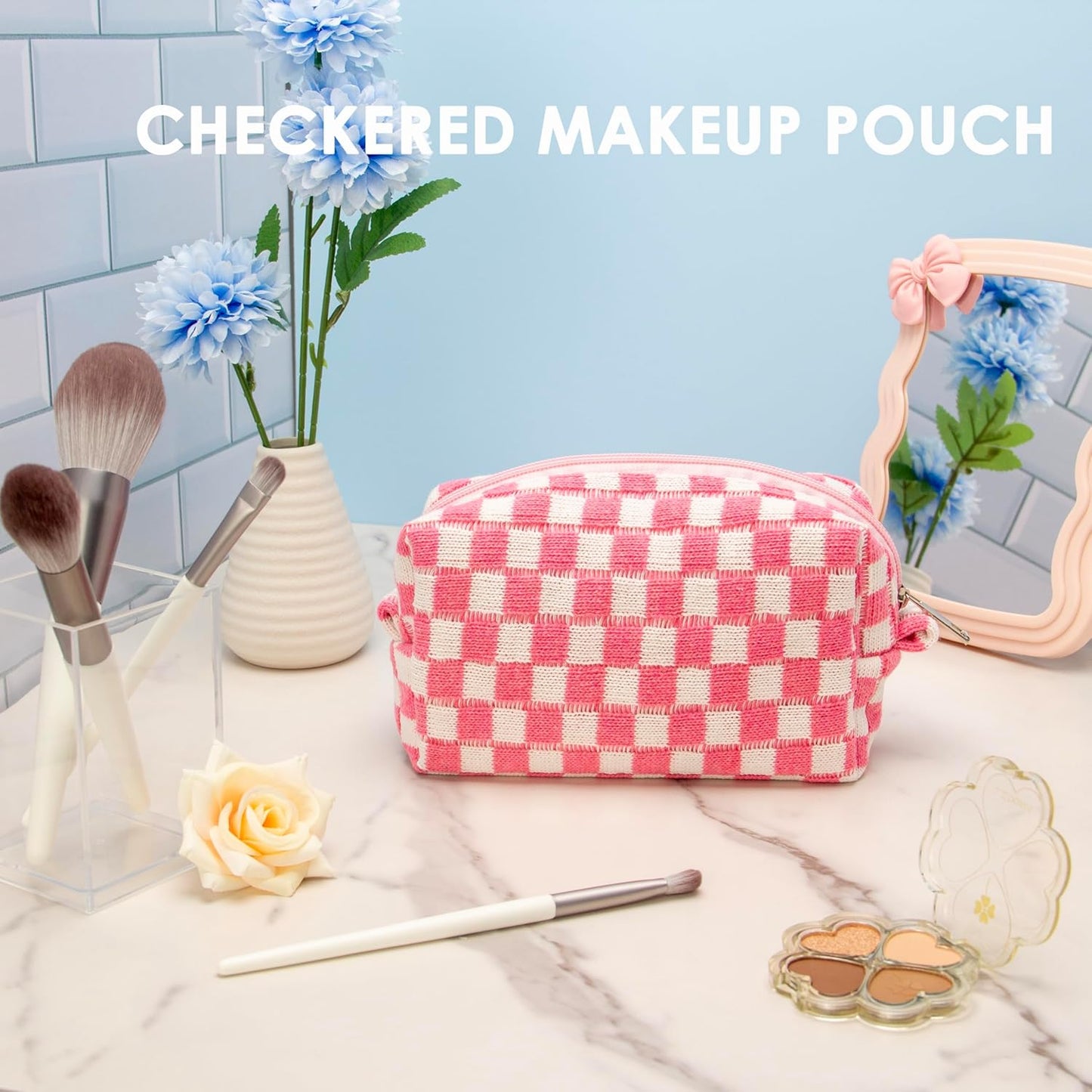 Checkered Makeup Bag for Purse Portable Zipper Make Up Pouch Small Cosmetic Case for Travel Accessories Pink White