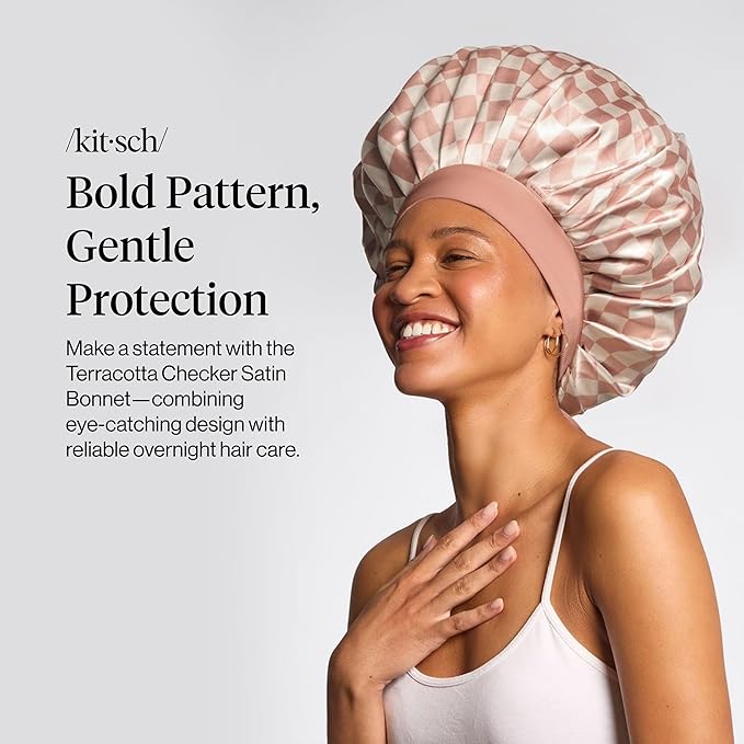Kitsch XL Satin Bonnet for Sleeping - Softer Than Silk Bonnet For Sleeping Women - Secure Fit Adjustable Night Cap For Curly & Textured Hair, Prevents Breakage, Tangles & Thinning, Terracotta Checker
