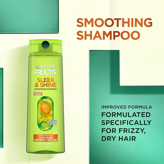 Garnier Fructis Sleek & Shine Shampoo, Conditioner + Leave-In Conditioer Set for Frizzy, Dry Hair, Plant Keratin + Argan Oil (3 Items), 1 Kit (Packaging May Vary)
