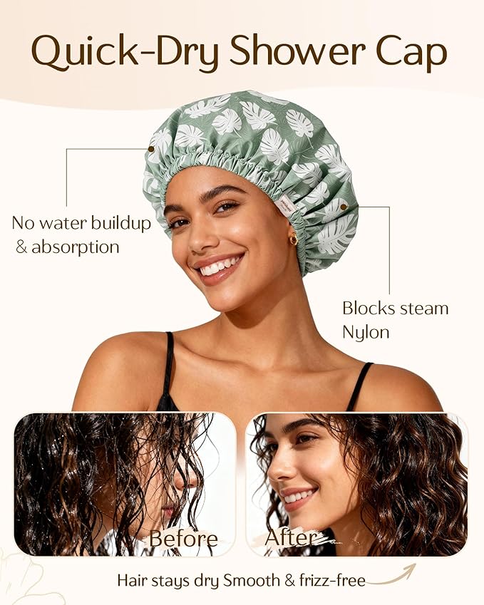 Yanibest Satin Lined Shower Cap for Women Reusable Waterproof, Large Bath Cap with Soft Elastic Band, Luxury Hair Protection Caps (Green Leaves)
