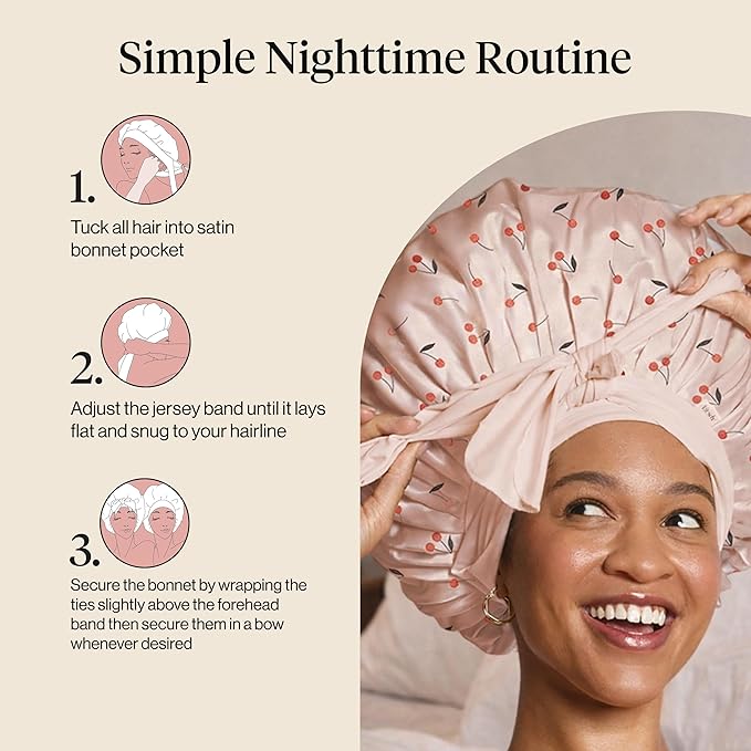 Kitsch XL Satin Bonnet for Sleeping - Softer Than Silk Bonnet For Sleeping Women - Secure Fit, Adjustable, Night Cap For Curly & Textured Hair - Prevents Breakage, Tangles & Thinning - Cherry Print