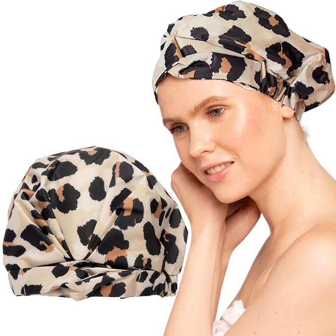 Kitsch Luxury Shower Caps for Women Reusable Waterproof - Large Shower Cap for Women, Non-slip, Quick-dry Hair Cap for Long and Short Hair, Comfortable and Stylish Design - Leopard