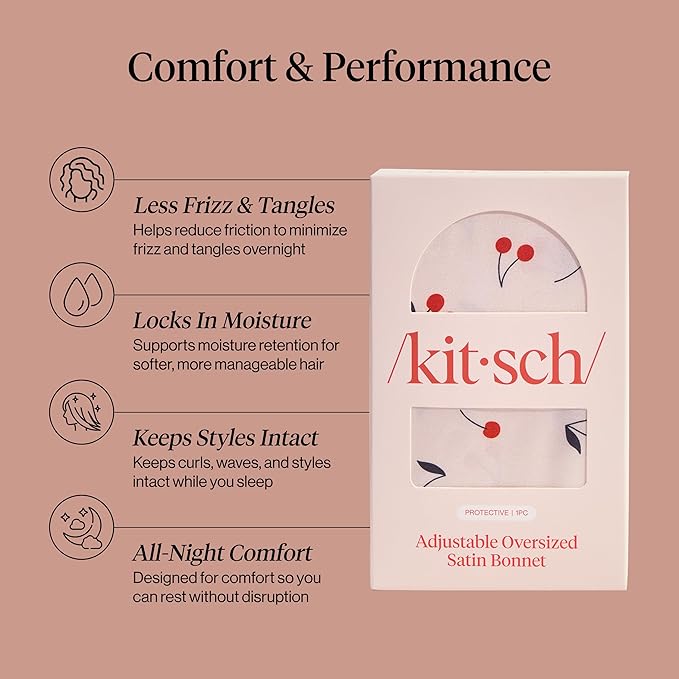 Kitsch XL Satin Bonnet for Sleeping - Softer Than Silk Bonnet For Sleeping Women - Secure Fit, Adjustable, Night Cap For Curly & Textured Hair - Prevents Breakage, Tangles & Thinning - Cherry Print