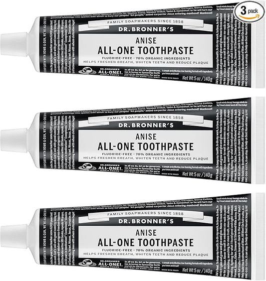 Dr. Bronner’s All-One Toothpaste – Anise, 5 oz, 3-Pack – Fluoride-Free Toothpaste for Adults, SLS-Free, 70% Organic & Natural Ingredients, Vegan, Helps Freshen Breath, Reduce Plaque, Whiten Teeth
