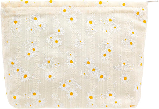 PAZIMIIK Floral Makeup Bag Large Cotton Zipper Pouch for Purse Travel Canvas Make Up Organizer for Women Cosmetic,Daisy Beige
