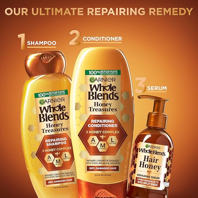 Garnier Whole Blends Honey Treasures Repairing Shampoo, for Dry, Damaged Hair, 3 Fl Oz (Travel Size), 1 Count (Packaging May Vary)