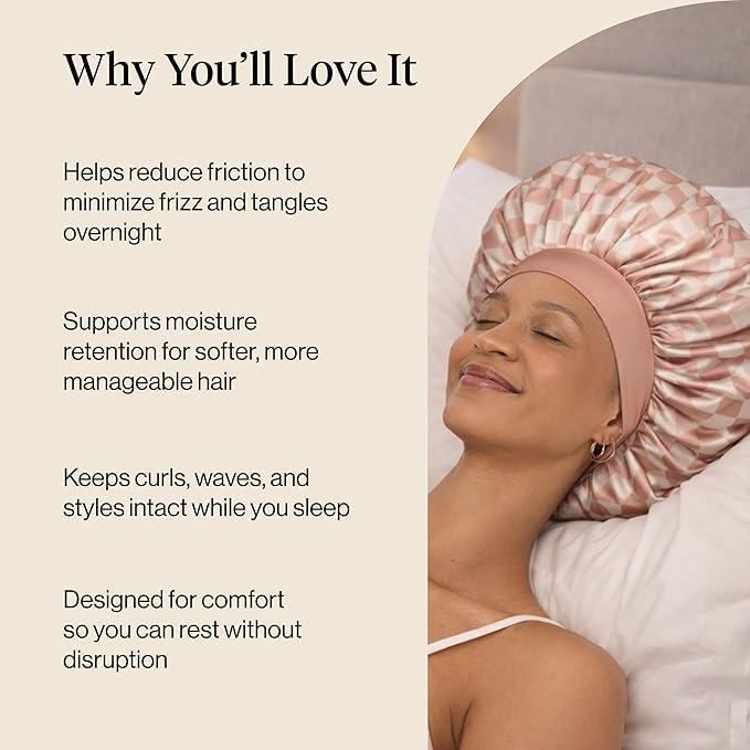 Kitsch XL Satin Bonnet for Sleeping - Softer Than Silk Bonnet For Sleeping Women - Secure Fit Adjustable Night Cap For Curly & Textured Hair, Prevents Breakage, Tangles & Thinning, Terracotta Checker