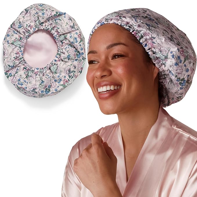 Bridgerton x Kitsch Satin-Lined Flexi Shower Caps for Women Reusable Waterproof - Large Wide Shower Cap for Women & Men, Adjustable, Stylish Hair Cap for Showers, For Long & Short Hair - Wisteria