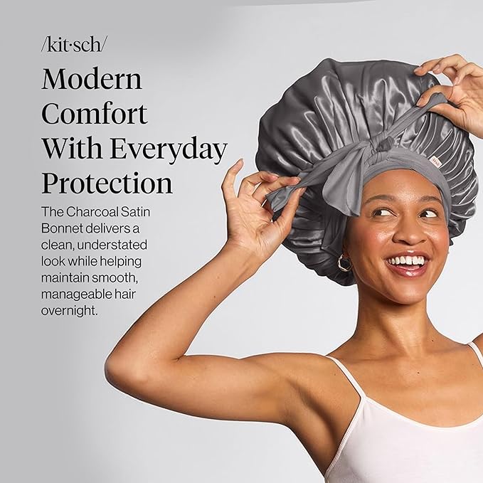 Kitsch XL Satin Bonnet for Sleeping - Softer Than Silk Bonnet For Sleeping Women - Secure Fit, Adjustable, Night Cap For Curly & Textured Hair - Prevents Breakage, Tangles & Thinning - Charcoal