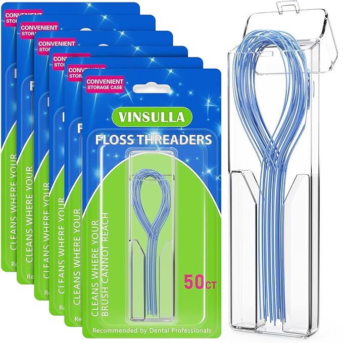 300 Count Floss Threaders for Braces, Bridges, and Implants (6 Packs of 50) - Flexible Nylon Threading Loops - Slim & Durable Dental Floss Helpers for Crowns & Orthodontic Appliances