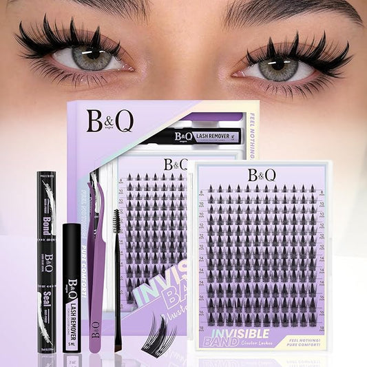 B&Q Fairy Max Lash Clusters Kit Natural Wispy Invisible Band Manga Individual Lashes Bond and Seal Eyelash Extension Kit Easy Removal (Kit-Fairy Max-8-18mm)