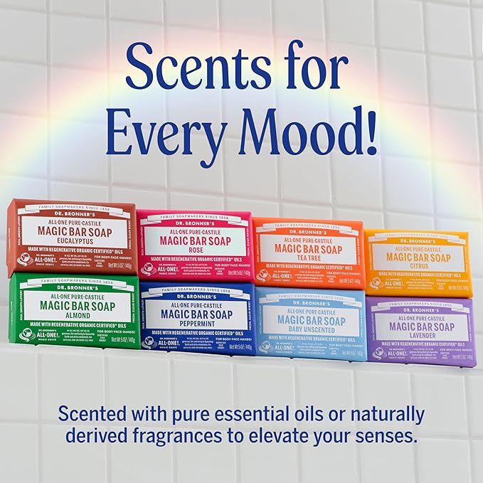 Dr. Bronner's Pure-Castile Magic Bar Soap (Tea Tree, 5 ounce, 6-Pack) - Made with Regenerative Organic Certified Oils, For Face, Body & Hair, Gentle, Vegan, Non-GMO