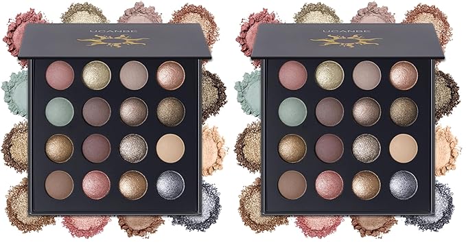 UCANBE Baked Eyeshadow Makeup Palette with Hidden Gems, 16 Colors Nude Eye Shadow with Matte Glitter Metallic Shimmer, Highly Pigmented Long Lasting Make Up Pallet (Pack of 2)