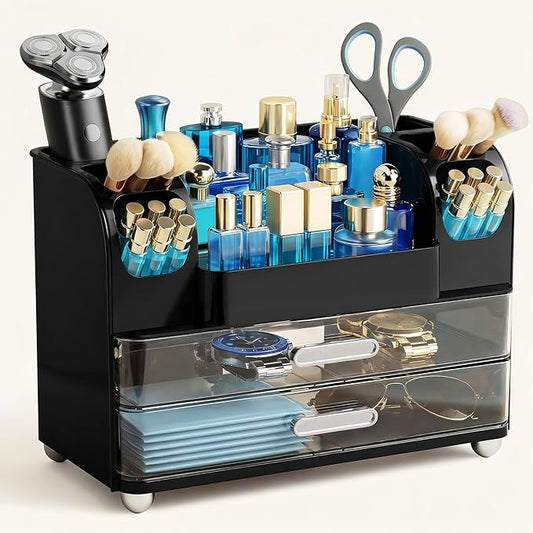 HBlife Makeup Organizer for Vanity with Brush Holder, Cologne Organizer for Men, Large Bathroom Countertop Cosmetic Organizer Skin Care Storage, Easy to Store Lipsticks, Nail Polishes, Perfumes, Black