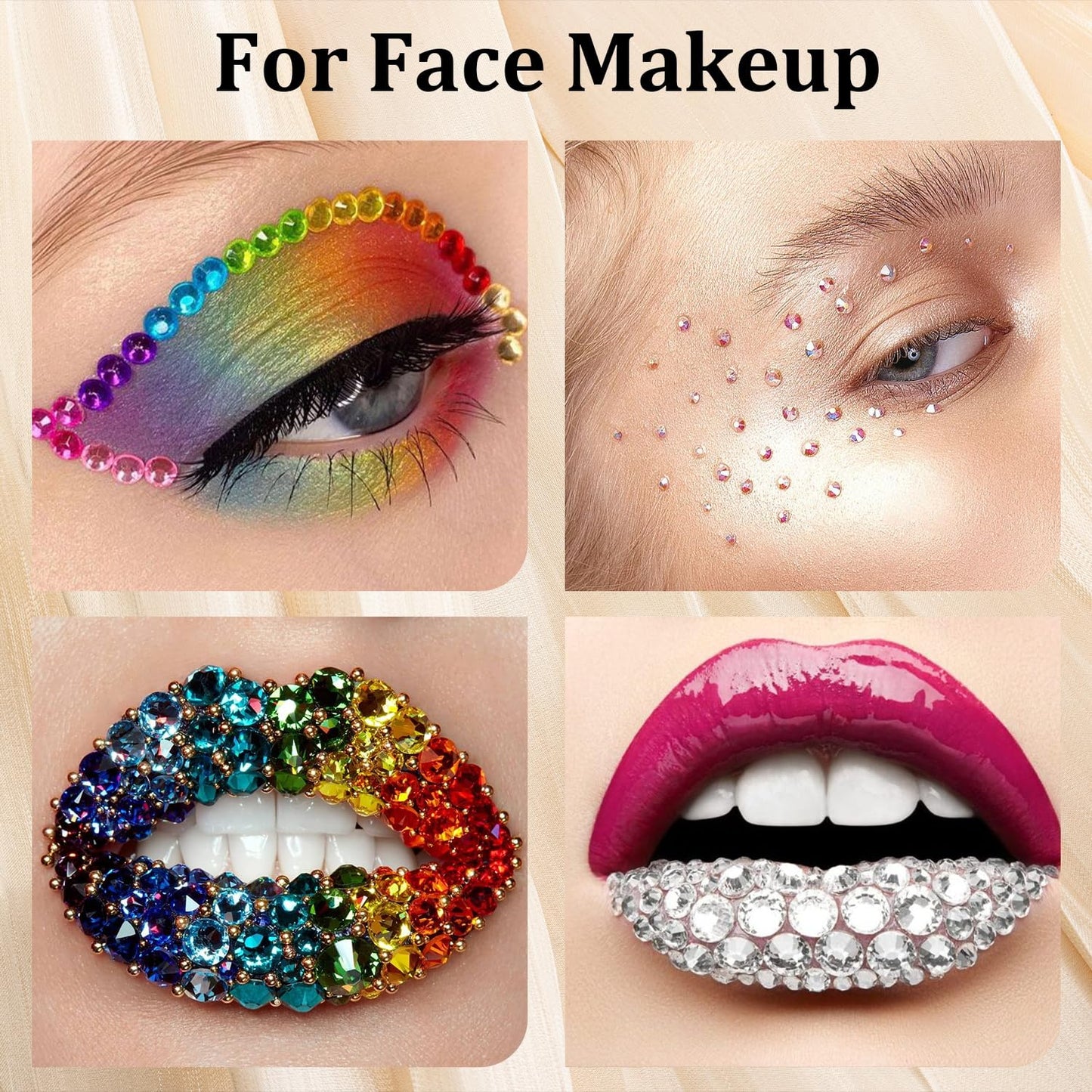 Colorful Face Gems for Makeup Set, Flatback Gorgeous Charming AB Glass Gems, Clear Glass Gems with Picker Pencil, Makeup Glue, Tweezer for Eye Body Hair Make-up and Nail Art Deco