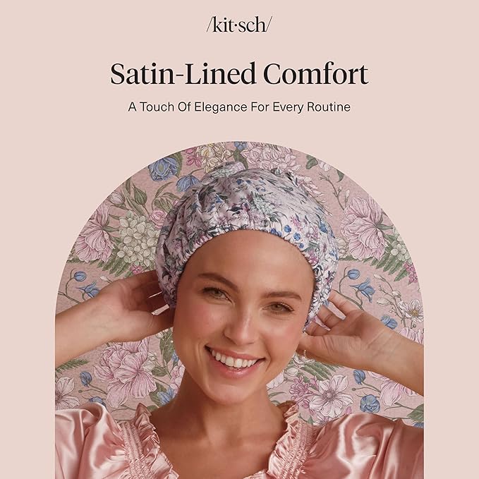 Bridgerton x Kitsch Satin-Lined Flexi Shower Caps for Women Reusable Waterproof - Large Wide Shower Cap for Women & Men, Adjustable, Stylish Hair Cap for Showers, For Long & Short Hair - Wisteria