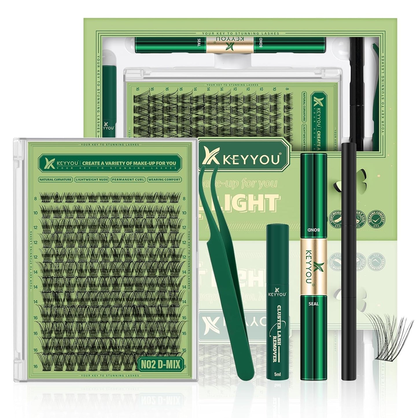Natural Lash Clusters Kit 144Pcs DIY Lash Extension Kit Wispy Eyelash Extensions Kit D Curl 8-18MIX with Bond and Seal and tweezers with Thin Lash Band by KEYYOU（KIT-N02-D-8-18MIX）
