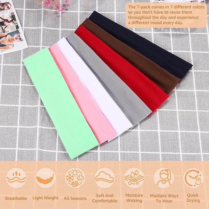 Headbands for Women, Stretchy Non Slip Soft Cotton Cloth Hair Bands for Sports, Workout, Yoga and Running, 7pcs