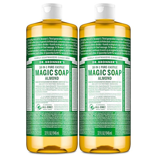 Dr. Bronner's Pure-Castile Magic Liquid Soap (Almond, 32 Ounce, 2-Pack)- Made with Regenerative Organic Certified Oils, 18-in1 Uses: Face, Hair, Hand & Body Soap, Laundry, Pets- Concentrated, Vegan
