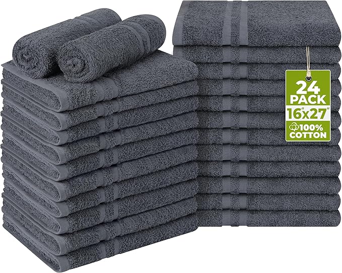 Utopia Towels Cotton Bleach Proof Salon Towel 16 by 27 inches, Bleach Safe 100% Cotton Hand Towel for Gym, 24 Pack, Dark Grey