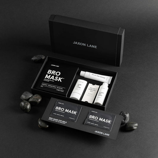 Skin Care Set: Deluxe Skincare Routine Gift Set 5pc, Mens Facial Care kit with Jaxon Lane Sunscreen, Bro Mask Sheet Mask & Eye Gels, Powder Face Wash and Moisturizer Set, Anti Aging Face Care for Men
