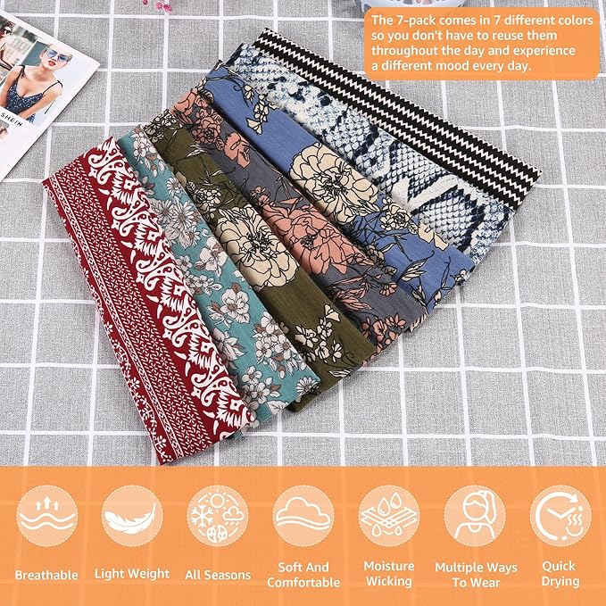 Headbands for Women, Stretchy Non Slip Soft Cotton Cloth Hair Bands for Sports, Workout, Yoga and Running, 7pcs