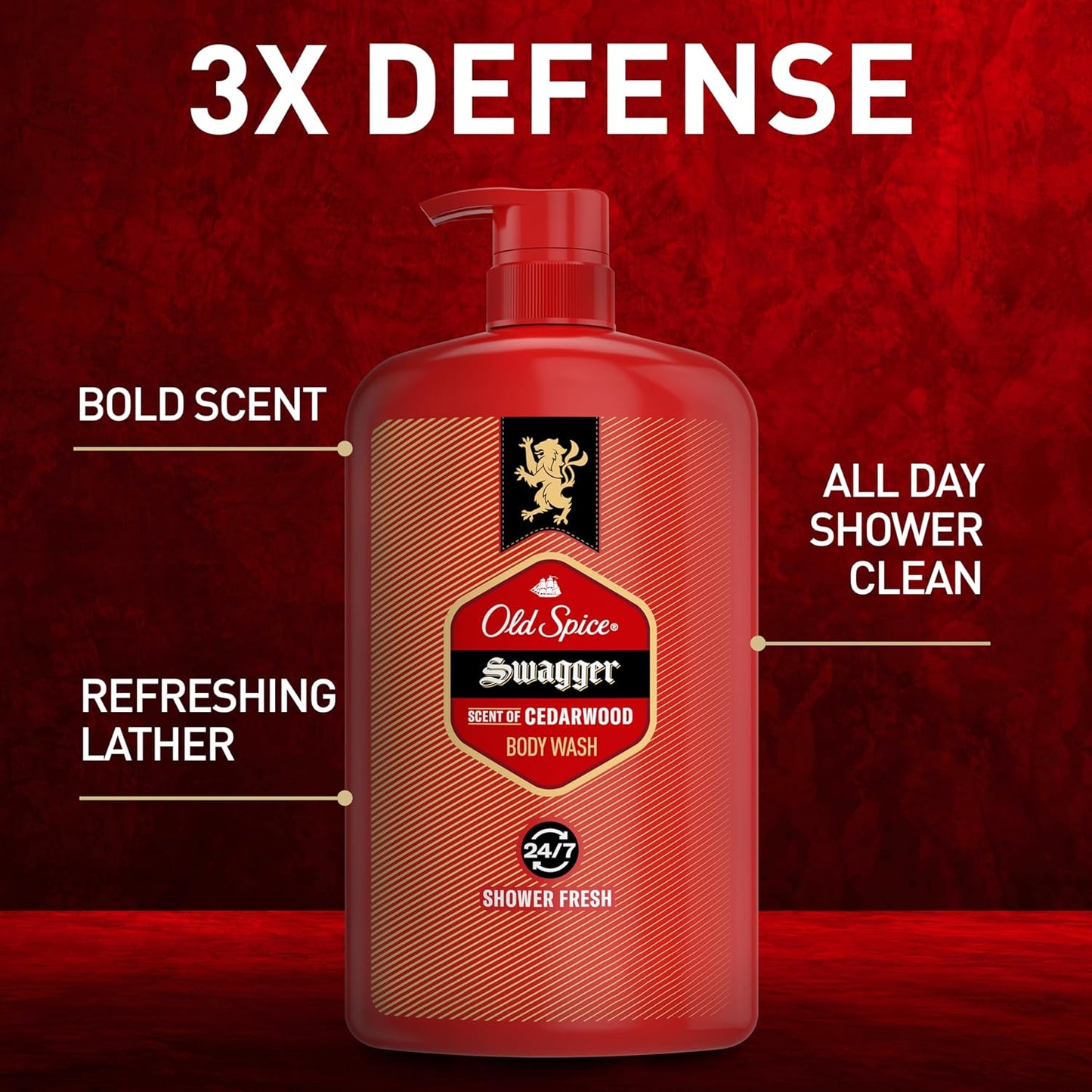 Old Spice Body Wash for Men, 24/7 Shower Fresh with Lasting Scent, Red Collection, Swagger with Cedarwood Scent, 33.4 fl oz (Pack of 4)