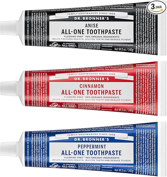 Dr. Bronner’s All-One Toothpaste 3-Pack Variety– (Peppermint, Cinnamon, Anise, 5oz Each)– 70% Organic Ingredients, SLS Free Toothpaste, Fluoride Free, Natural, Vegan, Gentle for Sensitive Teeth