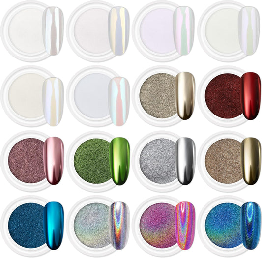 Artdone 16Jars Chrome Nail Powder Magic White Pearl Kit Mirror Effect Silver Metallic Holographic Dip Nail Powder for Resin Craft & Nail Art Fimo, Decoration Iridescent Aurora Mermaid Pigment