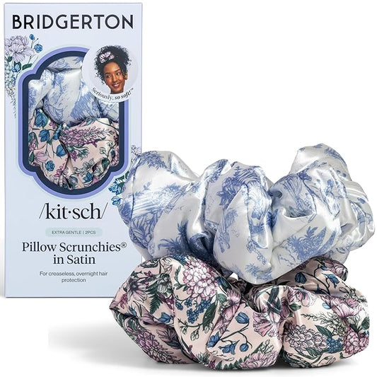 Bridgerton x Kitsch Satin Scrunchies for Women, No Snag, No Tugging, Soft & Comfortable Scrunchies for Girls, Perfect for Day or Night | Ideal Gifts for Women - Toile De Blue, 2pcs