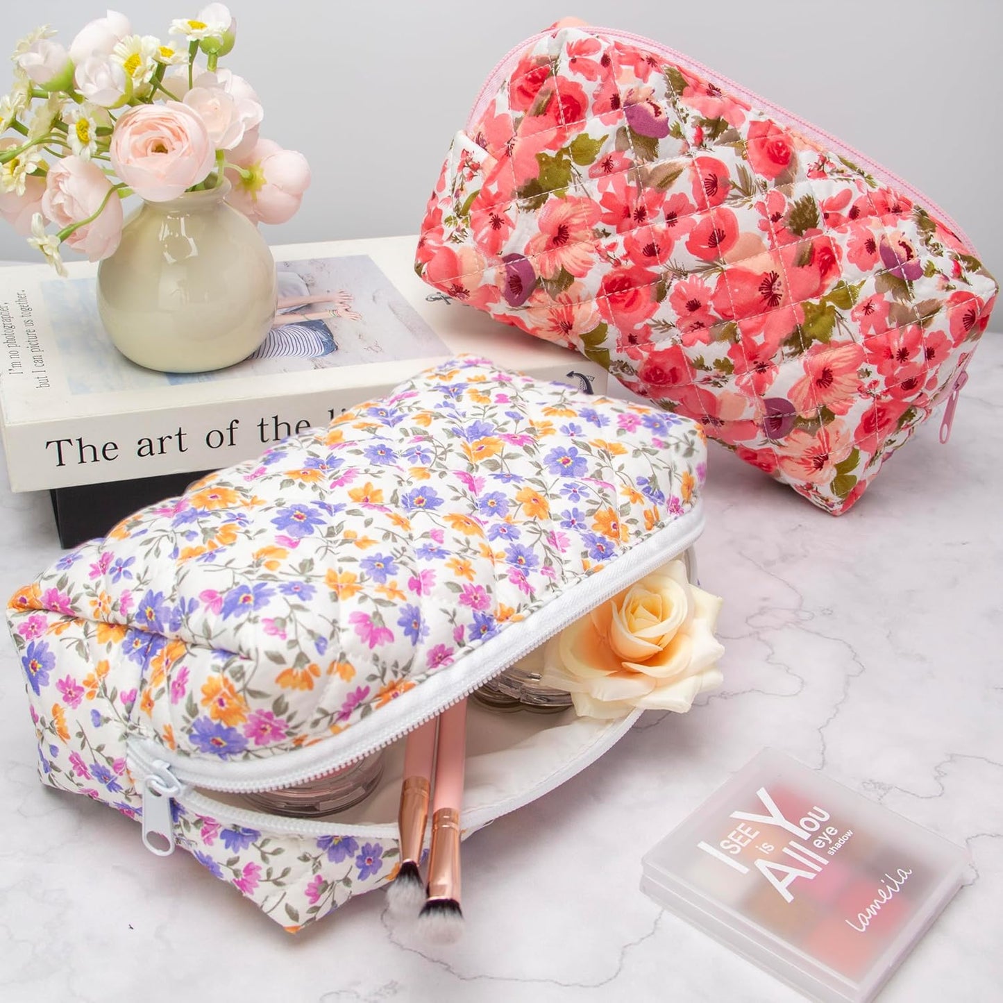PAZIMIIK Vintage Quilted Makeup Bag Cosmetic Pouch for Brushes Pencils and Travel Make Up Accessories for Women and Girls,Little flower