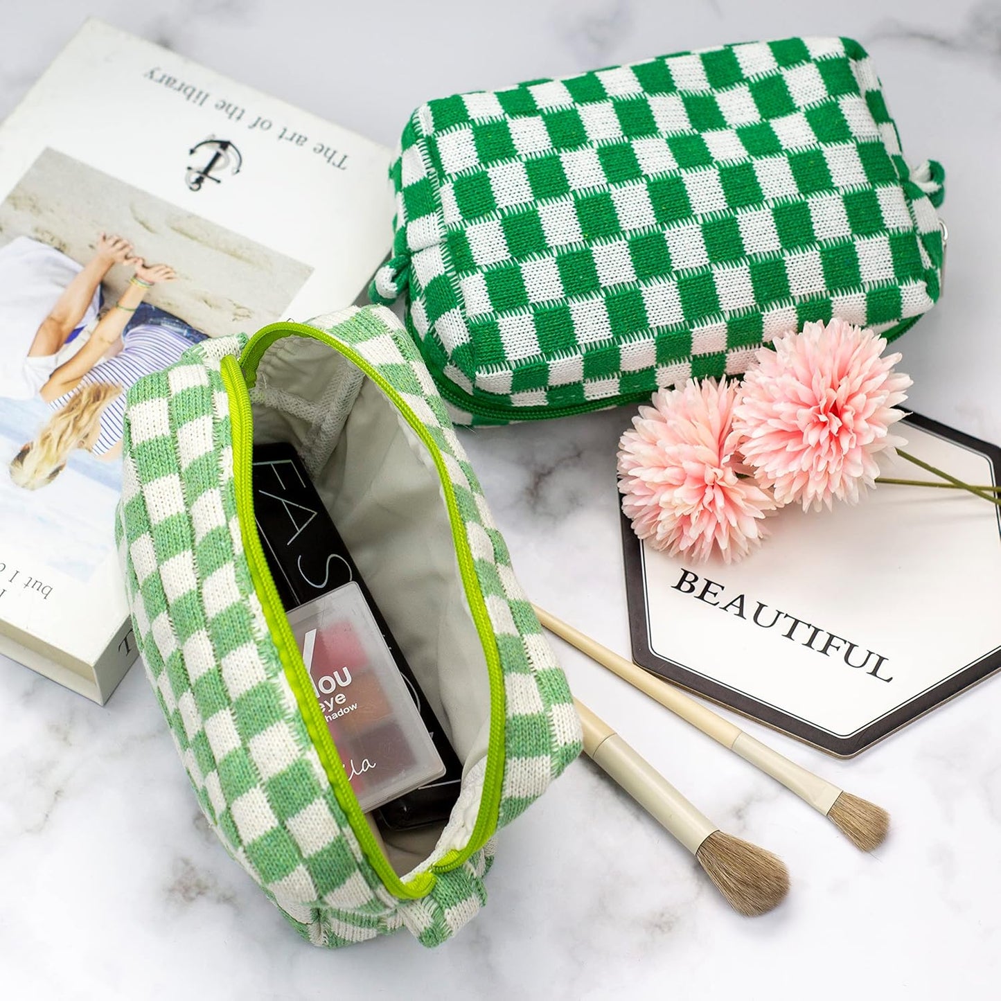 PAZIMIIK Checkered Makeup Bag for Purse Portable Zipper Make Up Pouch Small Cosmetic Case for Travel Accessories (2PCS Hotpink Light Green)