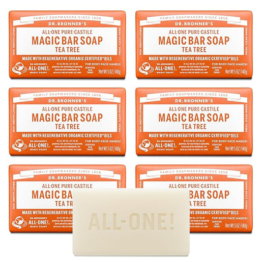Dr. Bronner's Pure-Castile Magic Bar Soap (Tea Tree, 5 ounce, 6-Pack) - Made with Regenerative Organic Certified Oils, For Face, Body & Hair, Gentle, Vegan, Non-GMO