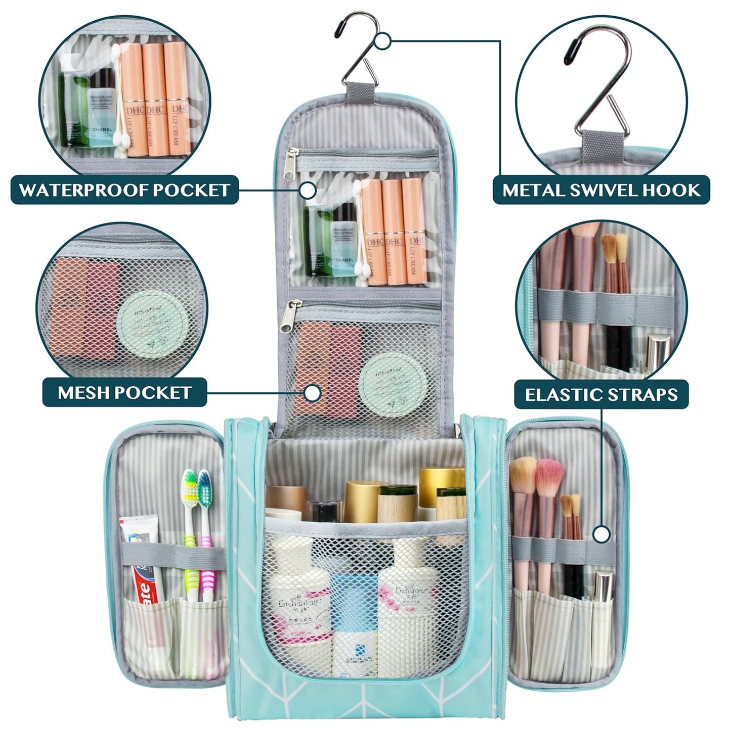 PAVILIA Toiletry Bag Travel Bag for Women Men, Hanging Cosmetic Organizer, Water Resistant Makeup Bag for Accessories Toiletries, Large Travel Essentials Kit (Teal Chevron)