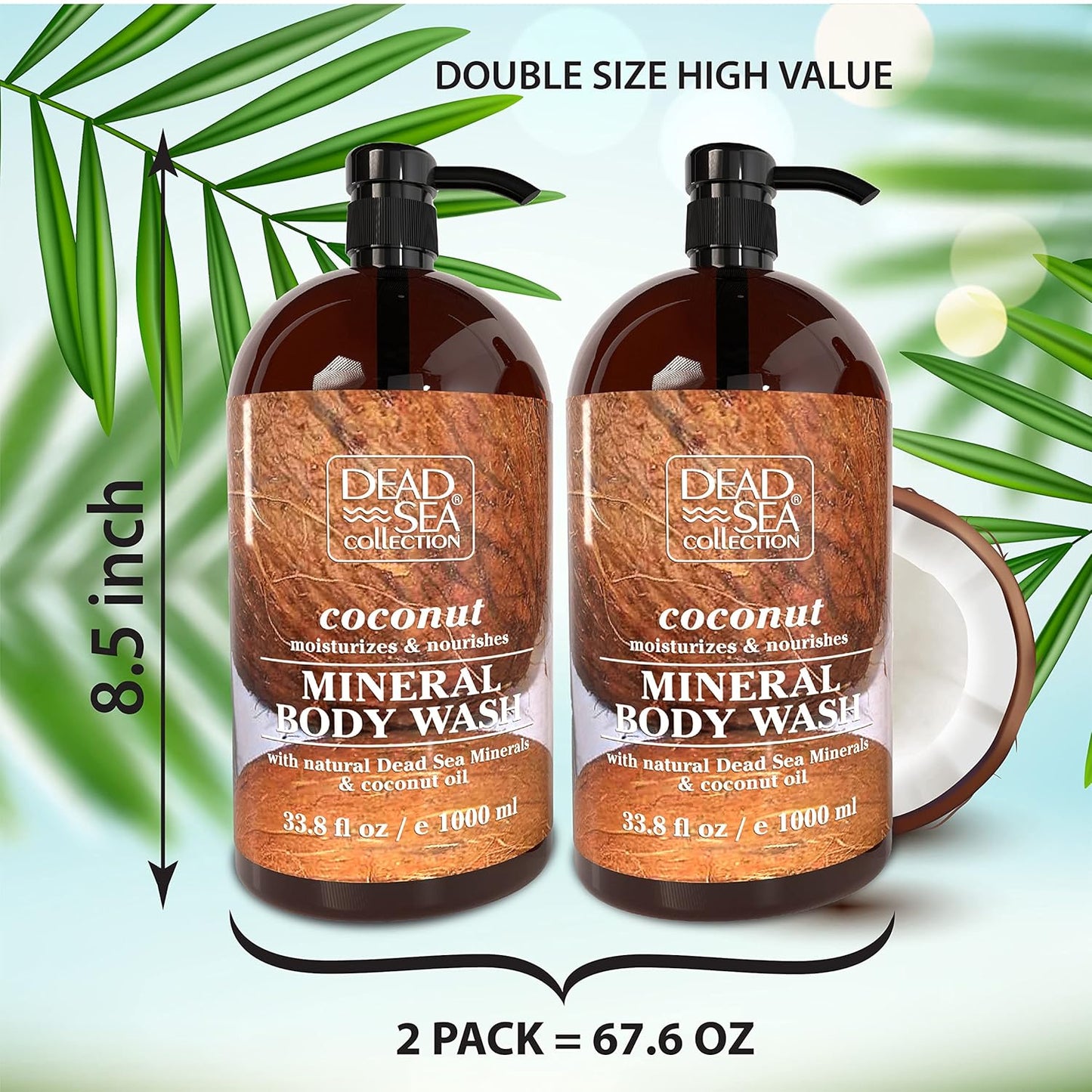 Dead Sea Collection Coconut Body Wash for Women and Men - with Pure Dead Sea Minerals and Coconut Oil - Cleanses and Moisturizes Skin - Pack of 2 (67.6 fl. oz)