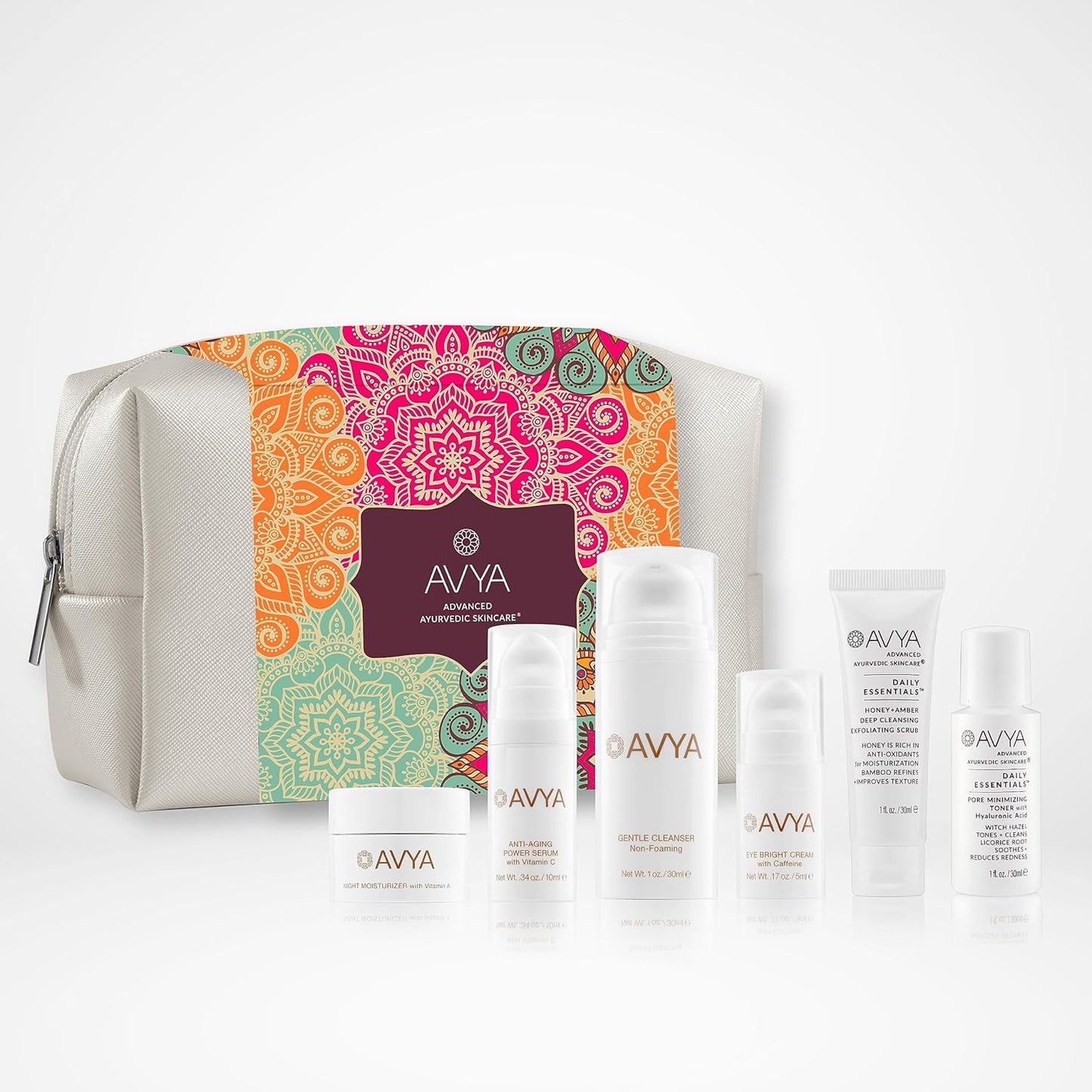 Avya Experience Set - DS Gentle Cleanser 30ml + AA Serum 10ml + AA Eye Cream 5ml + AA Night Cream 10ml + DE Honey/Amber Scrub 1oz. + DE Toner 1oz.