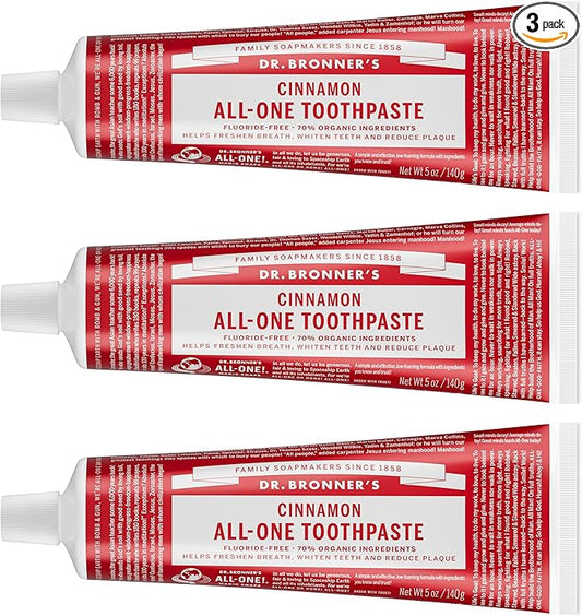 Dr. Bronner’s All-One Toothpaste– Cinnamon, 5 oz, 3-Pack– Fluoride-Free Toothpaste for Adults, SLS-Free, 70% Organic & Natural Ingredients, Vegan, Helps Freshen Breath, Reduce Plaque, Whiten Teeth