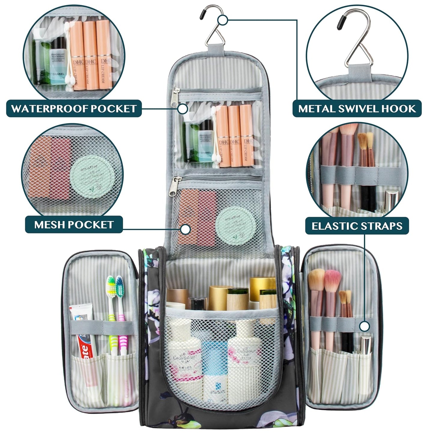 PAVILIA Toiletry Bag Travel Bag for Women Men, Hanging Cosmetic Organizer, Water Resistant Makeup Bag for Accessories Toiletries, Large Travel Essentials Kit (Floral Grey)