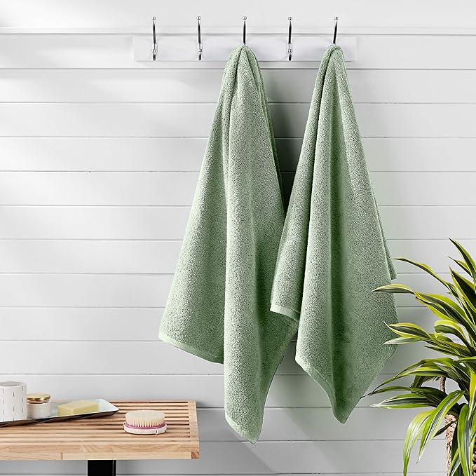 Amazon Basics 2-Pack Quick-Dry Lightweight Moisture Absorbing Bath Towel, 100% Cotton, 54" x 30", Seafoam Green