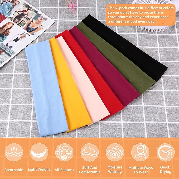 Headbands for Women, Stretchy Non Slip Soft Cotton Cloth Hair Bands for Sports, Workout, Yoga and Running, 7pcs