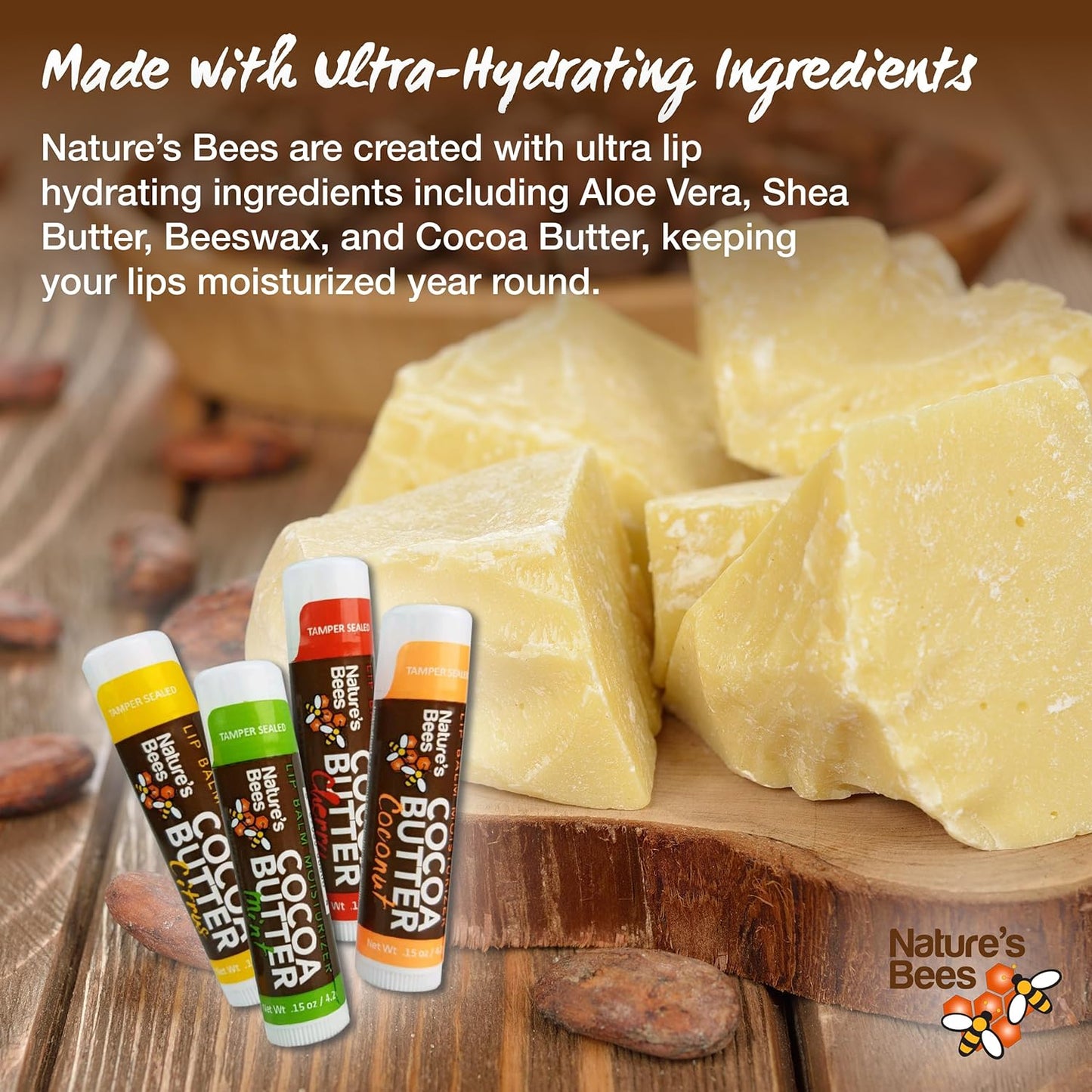 Nature's Bees, Cocoa Butter Flavored Lip Balm Tubes Set Bulk Assortment Chap Treatment Moisturizer For Dry Lips, Original Variety Assortment (Shea Butter, Original, Olive Oil, Mango Butter) - 48 Pack